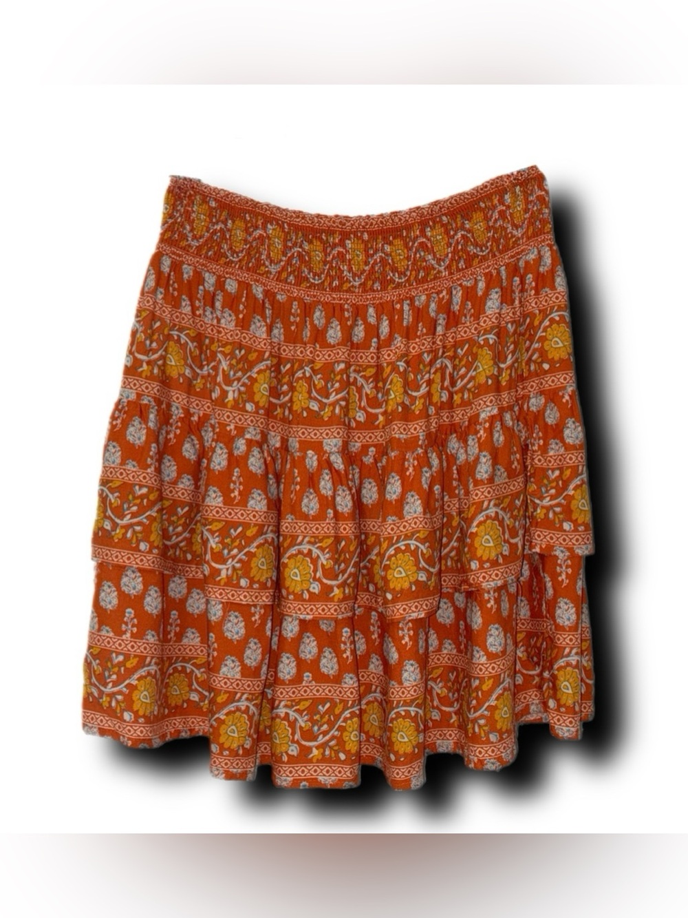 Nicole Miller Boho Smocked Waist Tiered Floral Mini Skirt in Burnt Orange